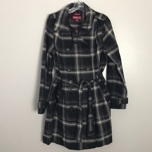 Merona Trench Coat Rain Jacket Black Plaid Large